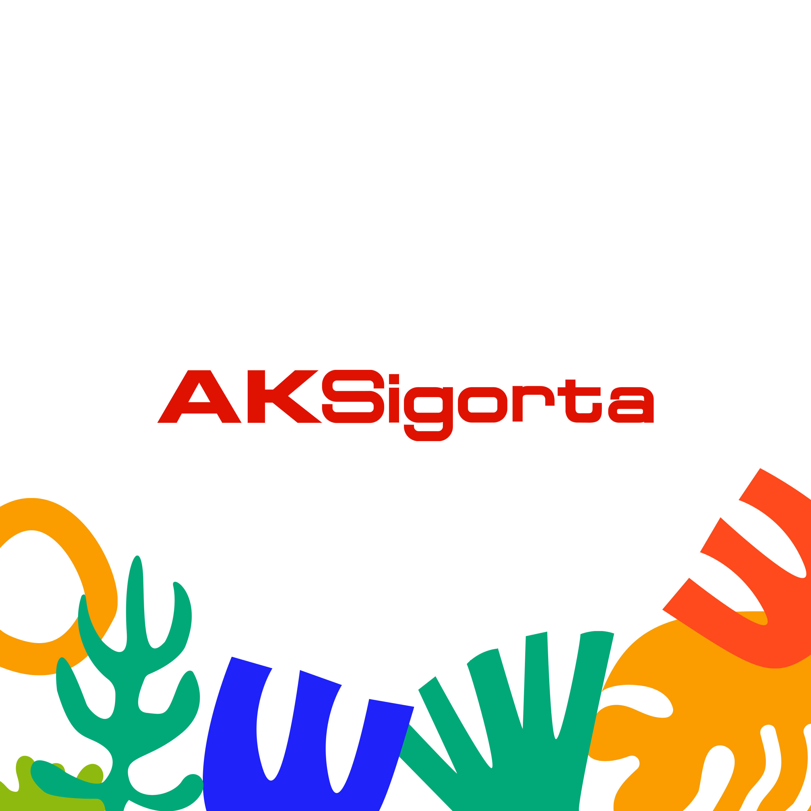 Renkli illüstrasyonlarla çevrili AKSigorta logosu